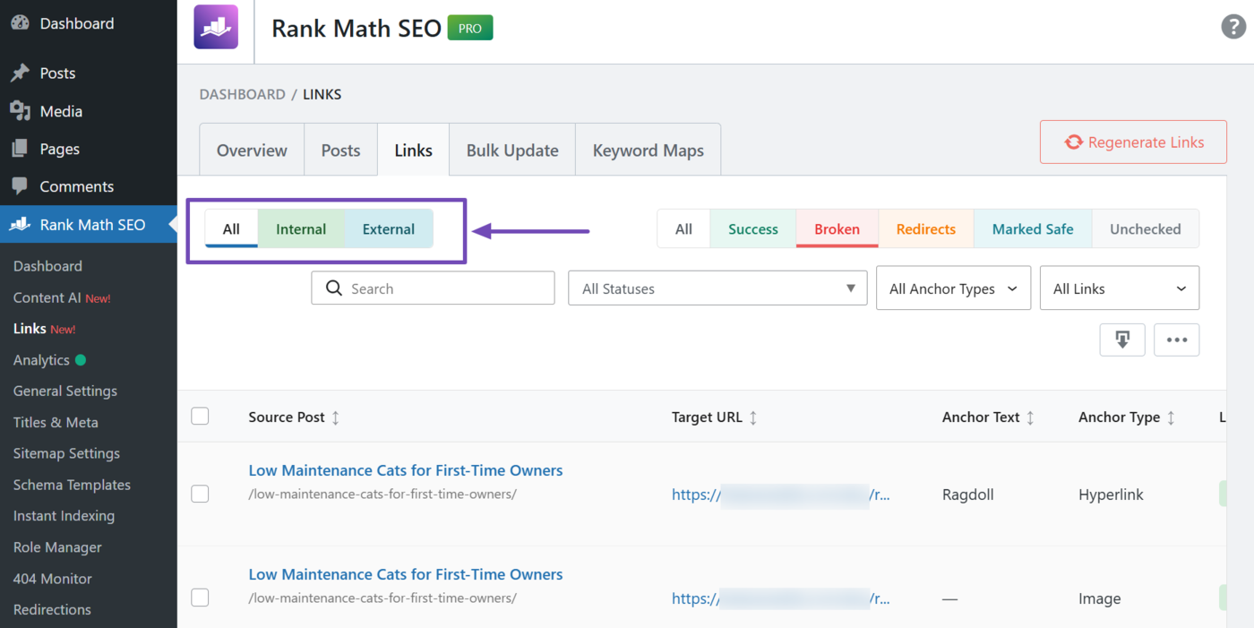 Overview of the broken links report link type filter