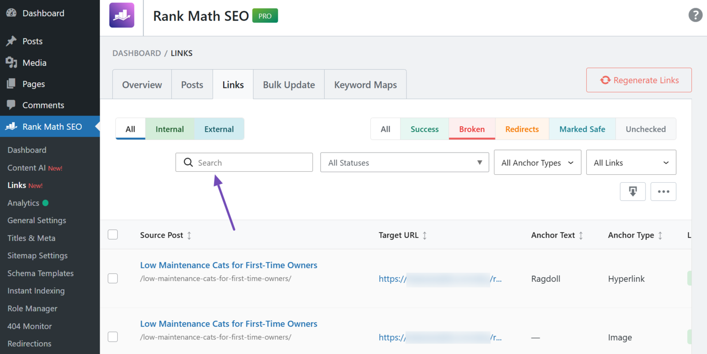 Overview of the broken links report search bar