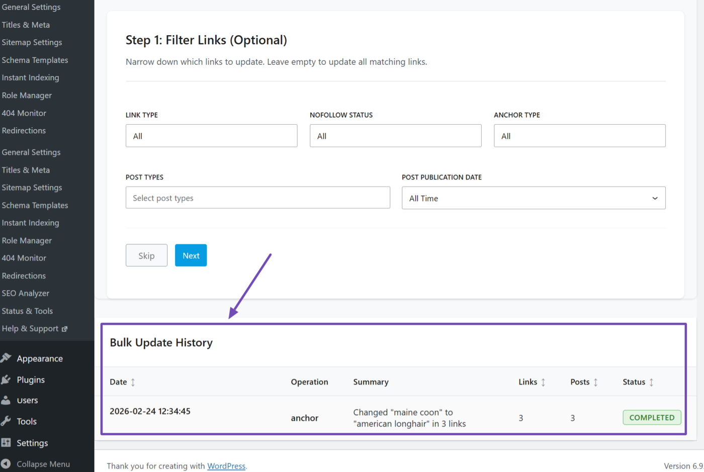Overview of the bulk update history