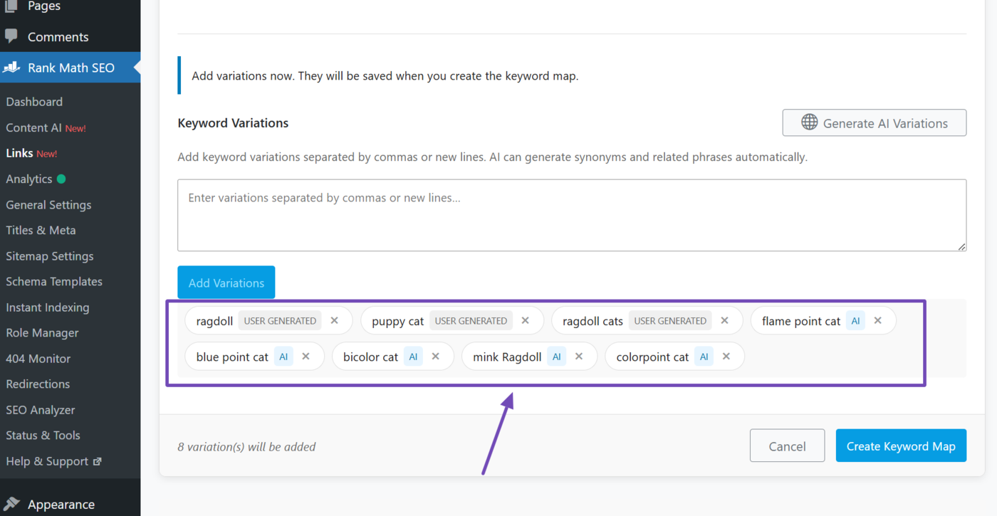 Overview of the keywords added to the keyword map