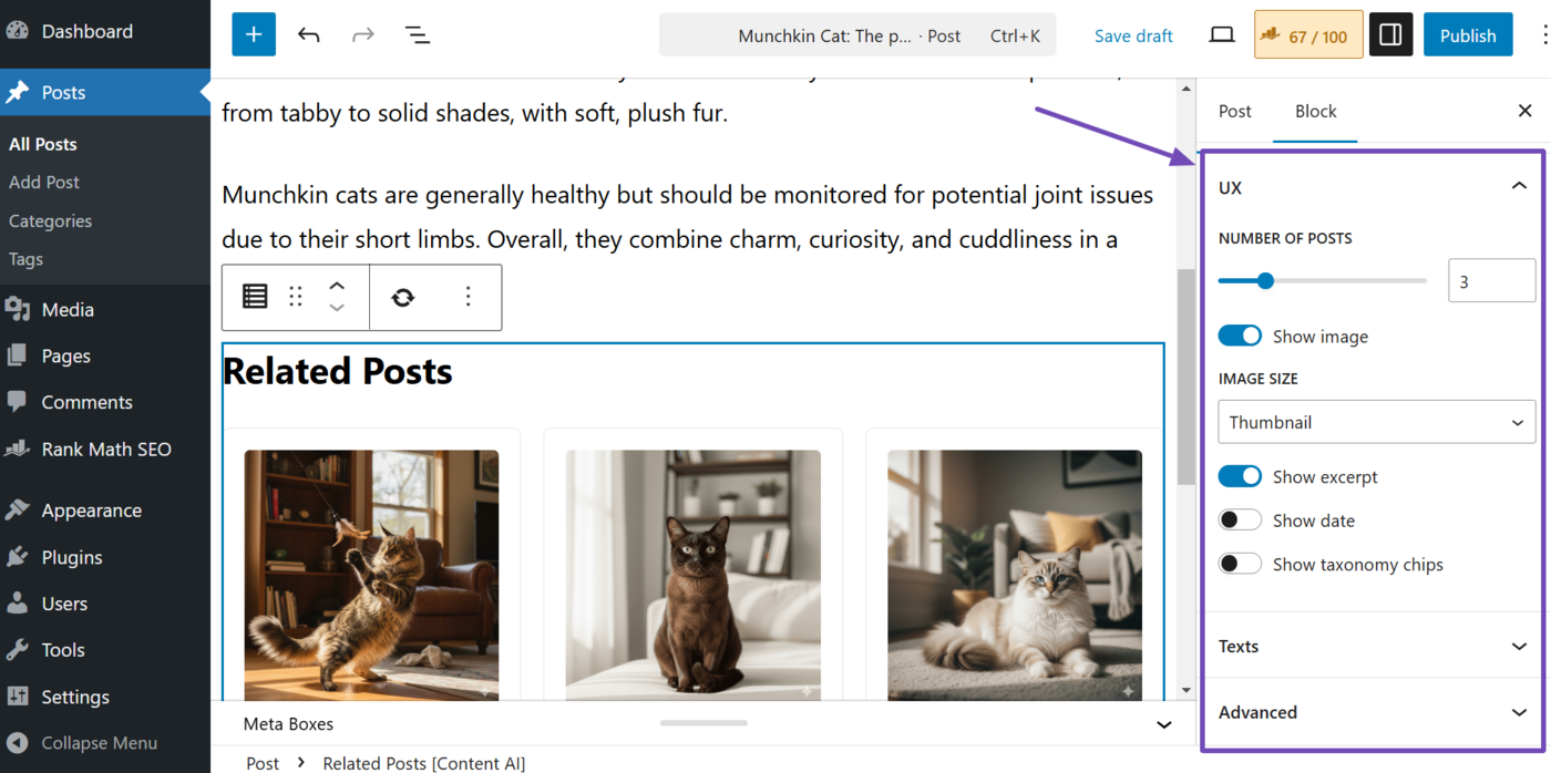 Overview of the related posts block settings