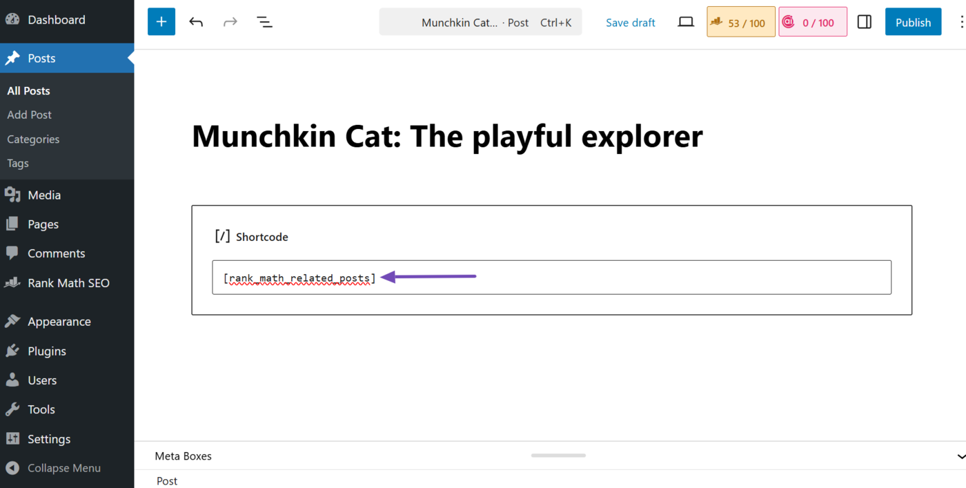 Overview of the shortcode in the WordPress block editor