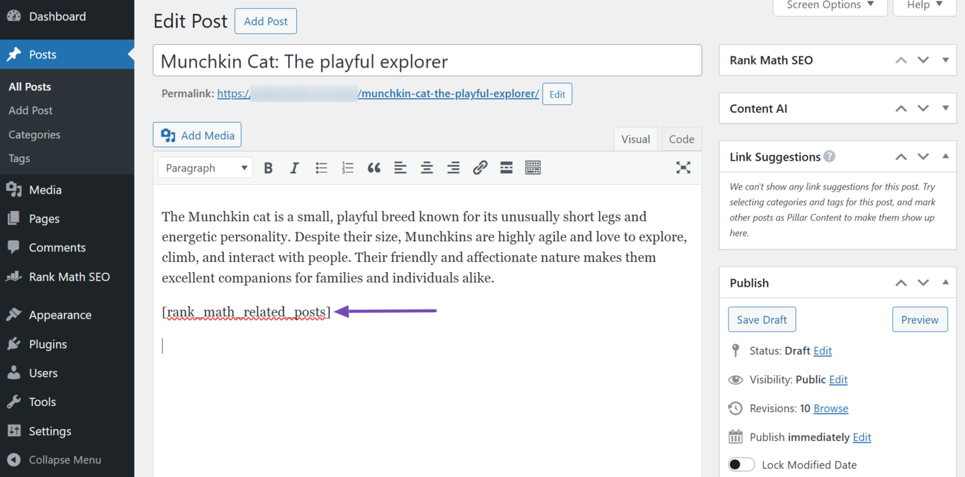 Overview of the shortcode in the WordPress classic editor