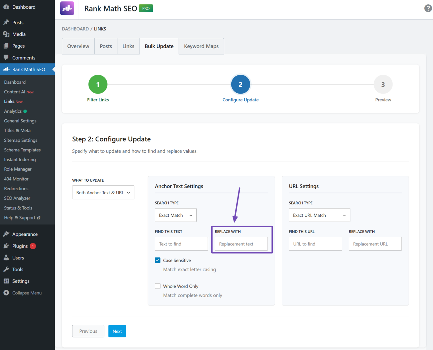 Replace with text field option in the Bulk Update tool