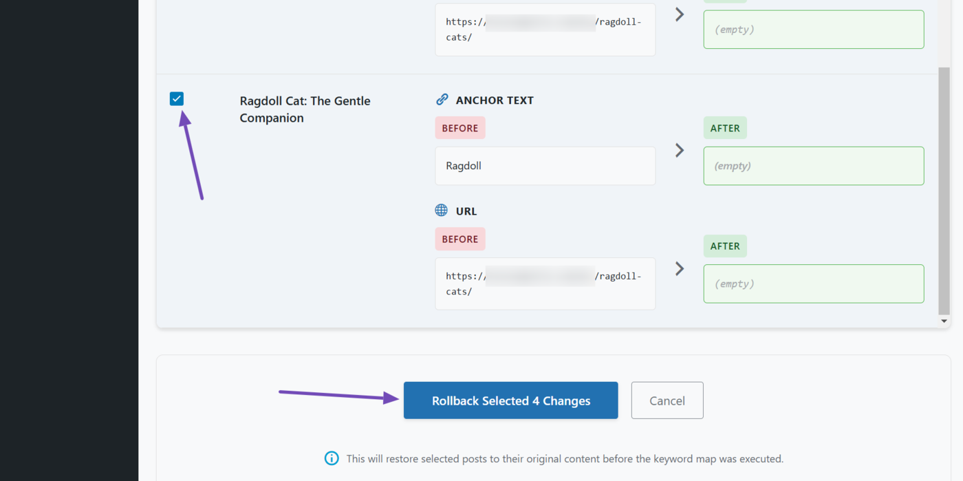 Review your internal links and click Rollback selected changes