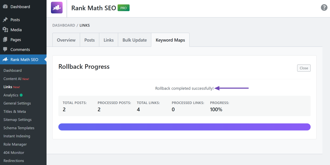 Sample of the error message displayed after rolling back a keyword map