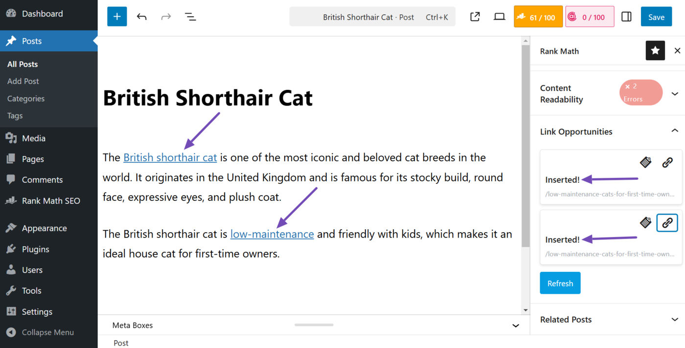 Sample of the internal links added to the post