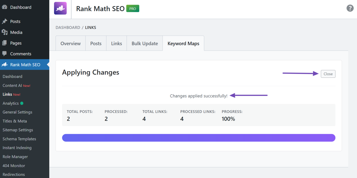 Sample of the success message displayed by AI Link Genius