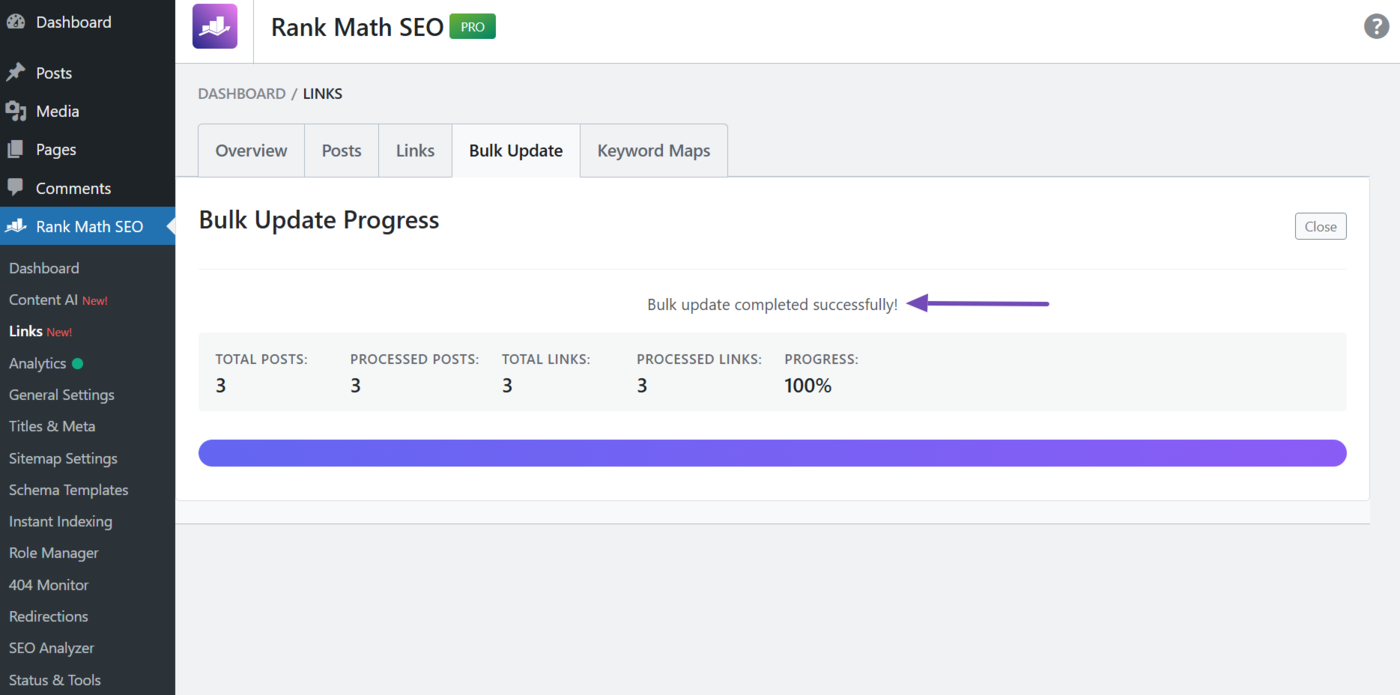 Sample of the success message in the Bulk update settings