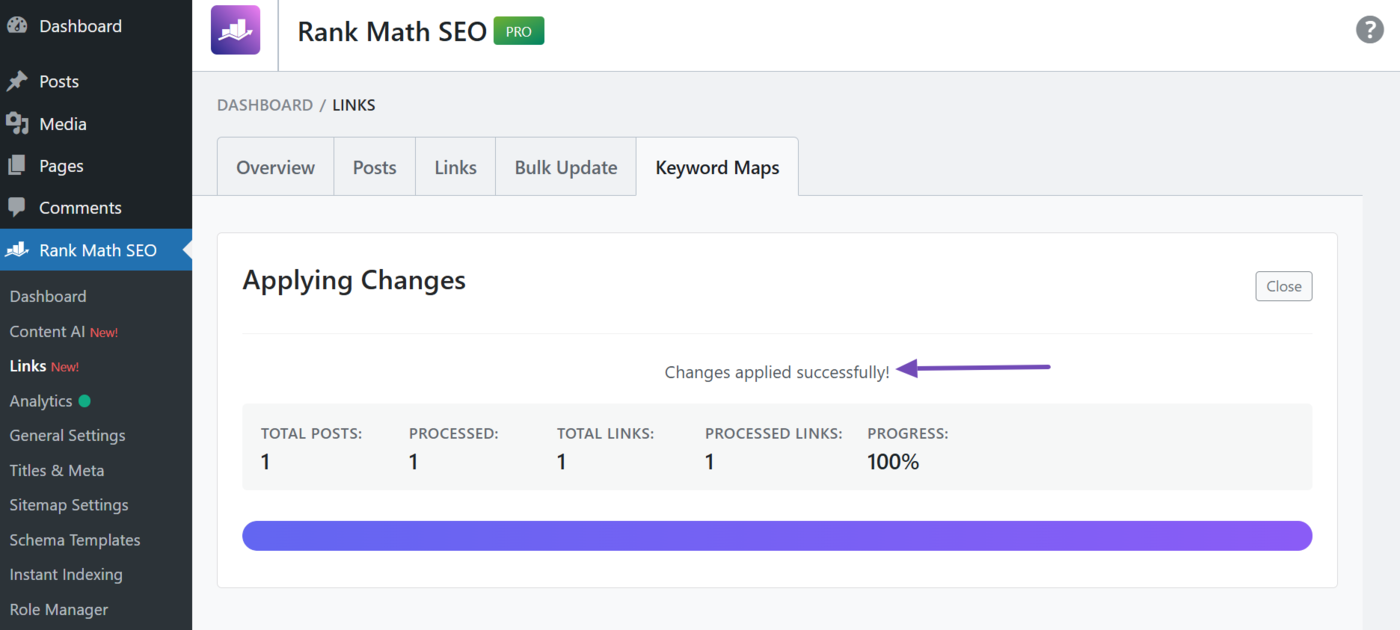 Sample of the success message, indicating you have fixed your orphan page
