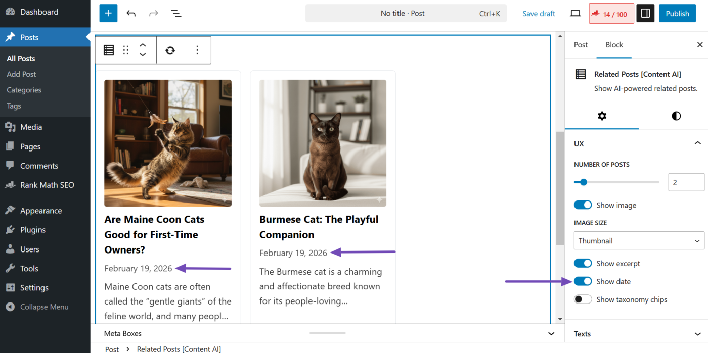 Show date setting in the related posts block settings