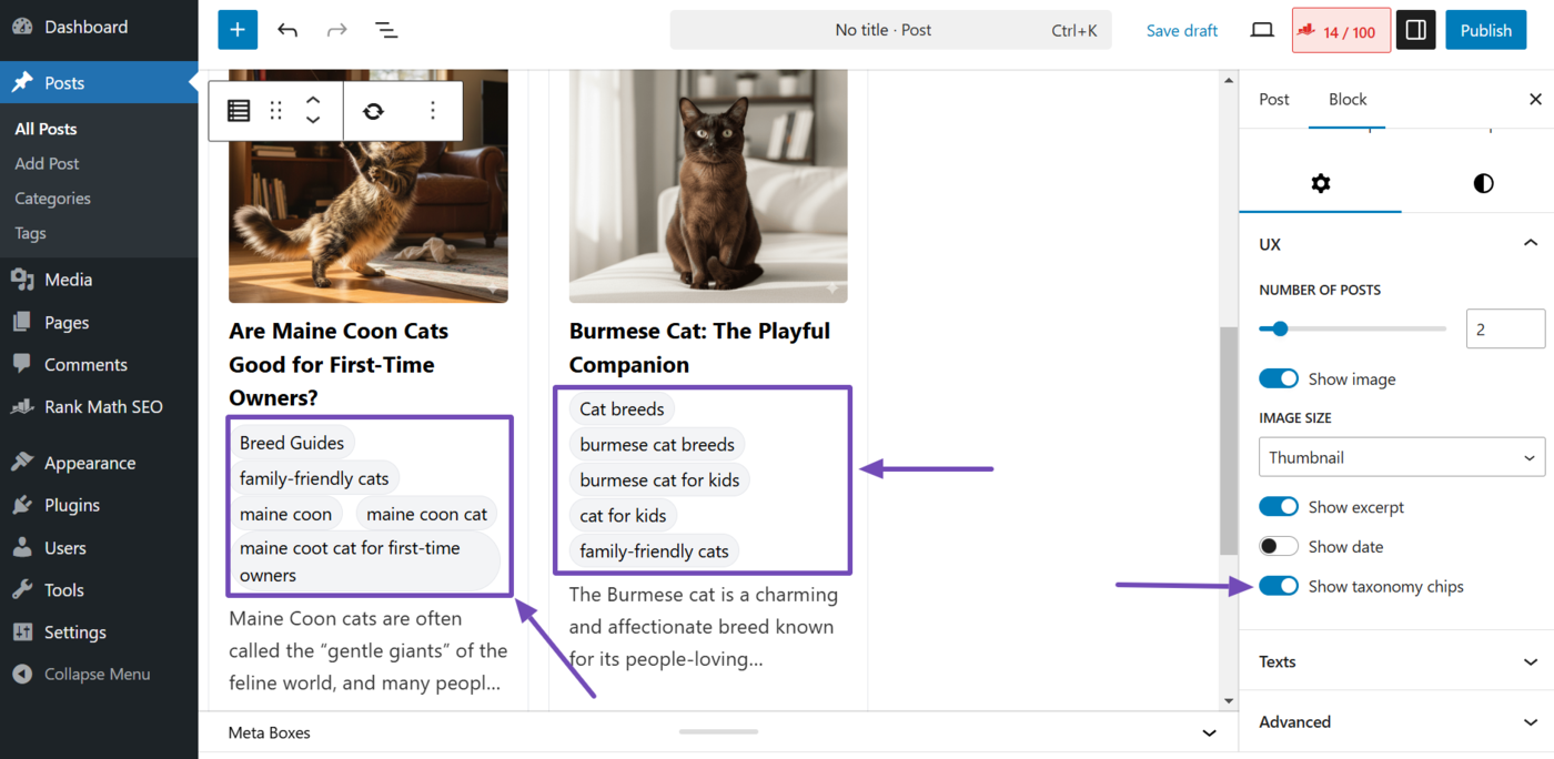 Show taxonomy chips setting in the related posts block settings