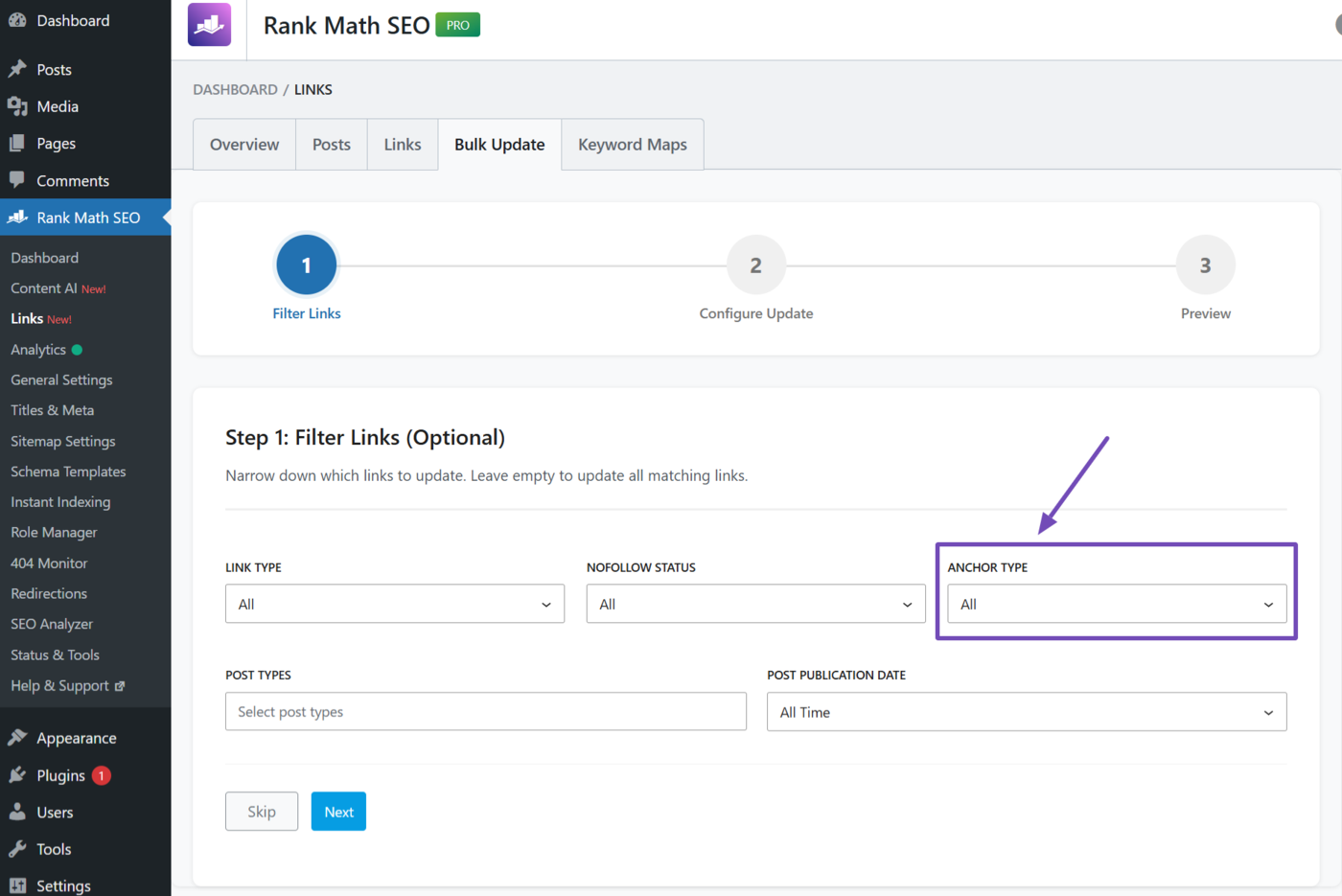 The Anchor type dropdown in the Bulk update tool