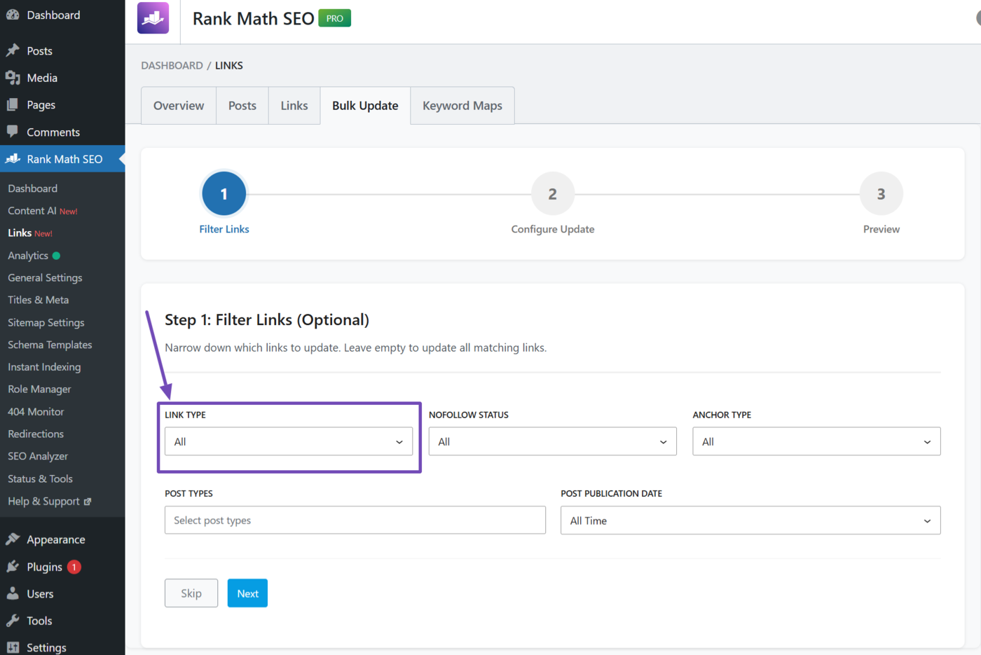 The Link type dropdown in the Bulk update tool