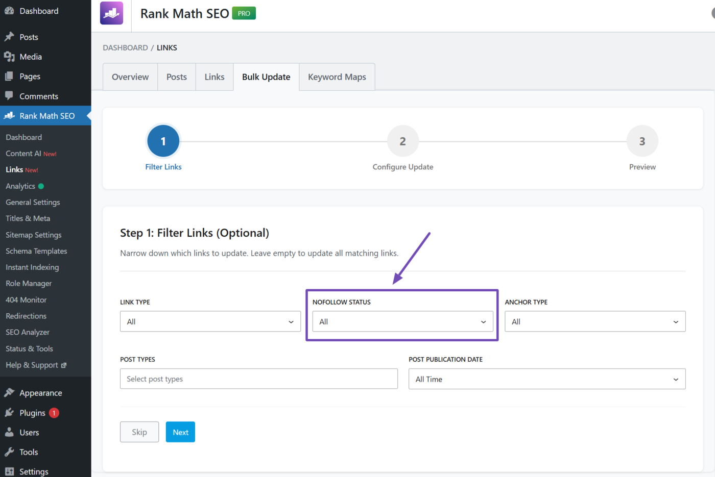 The Nofollow status dropdown in the Bulk update tool