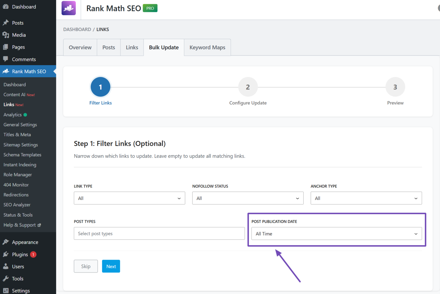 The Post publication date dropdown in the Bulk update tool
