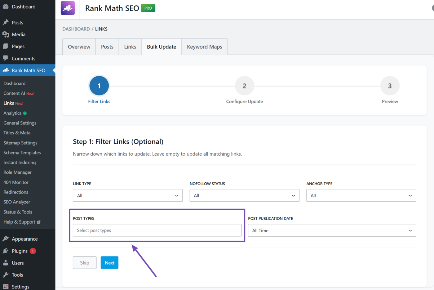 The Post types option in the Bulk update tool