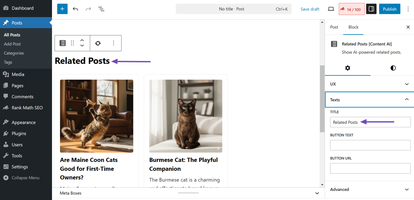 Title setting in the related posts block settings