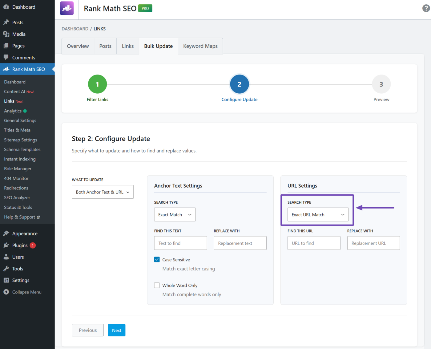 URL settings Search type option in the Bulk update tool