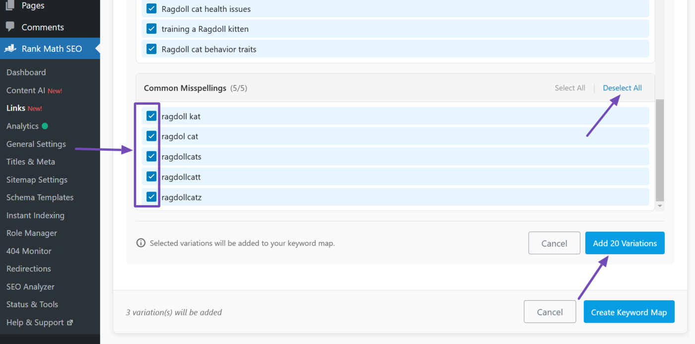 Uncheck variations you don't want and click Add variations 