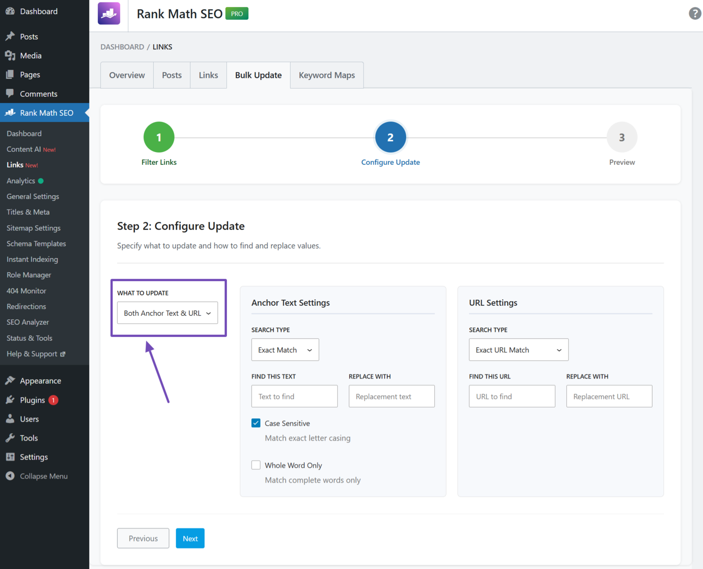 What to update dropdown in the Bulk Update tool