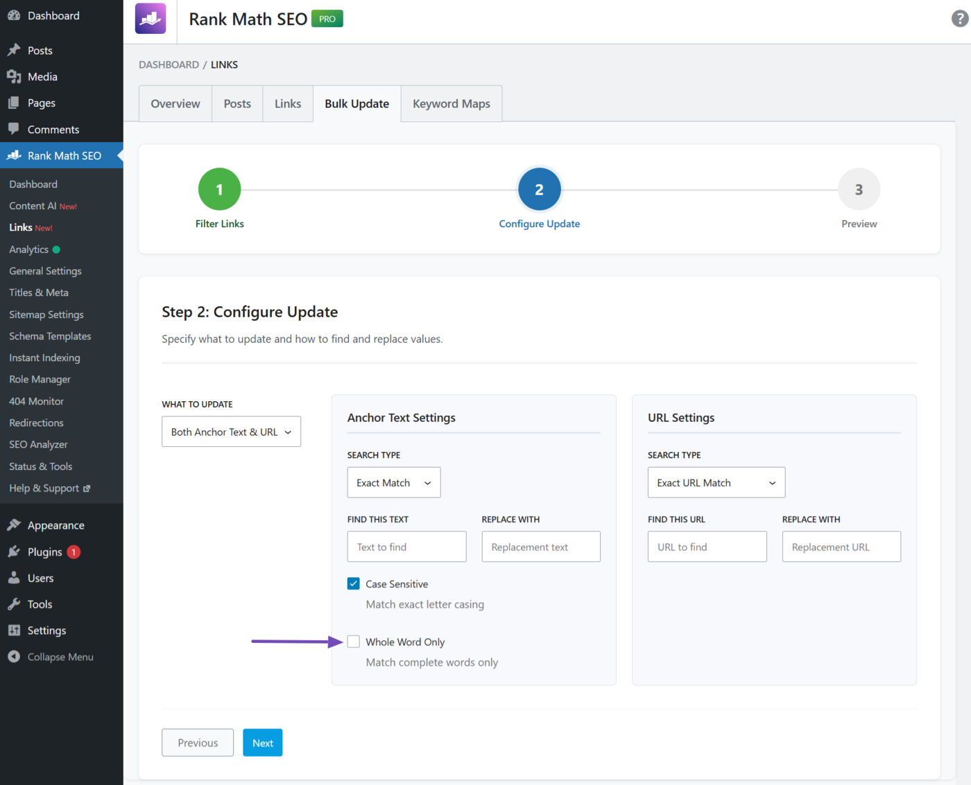 Whole word only option in Bulk update settings