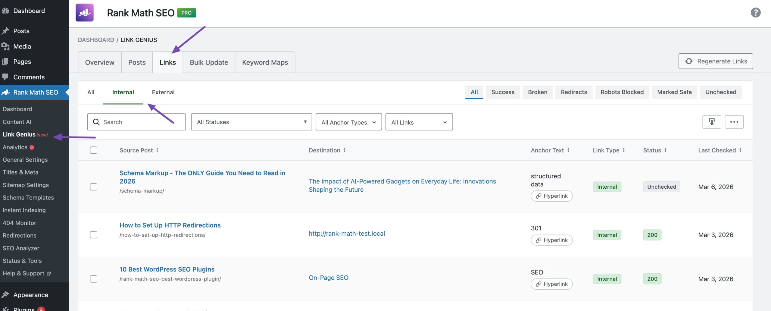 Internal links in AI Link Genius
