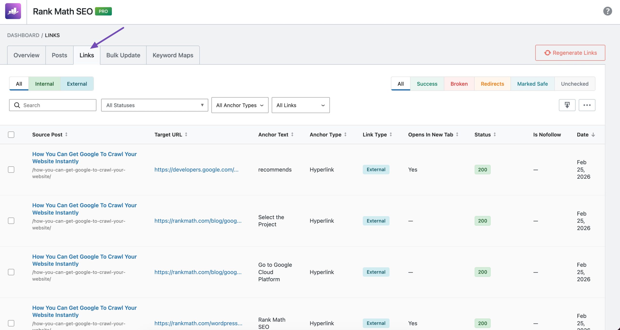 Links tab in AI Link Genius