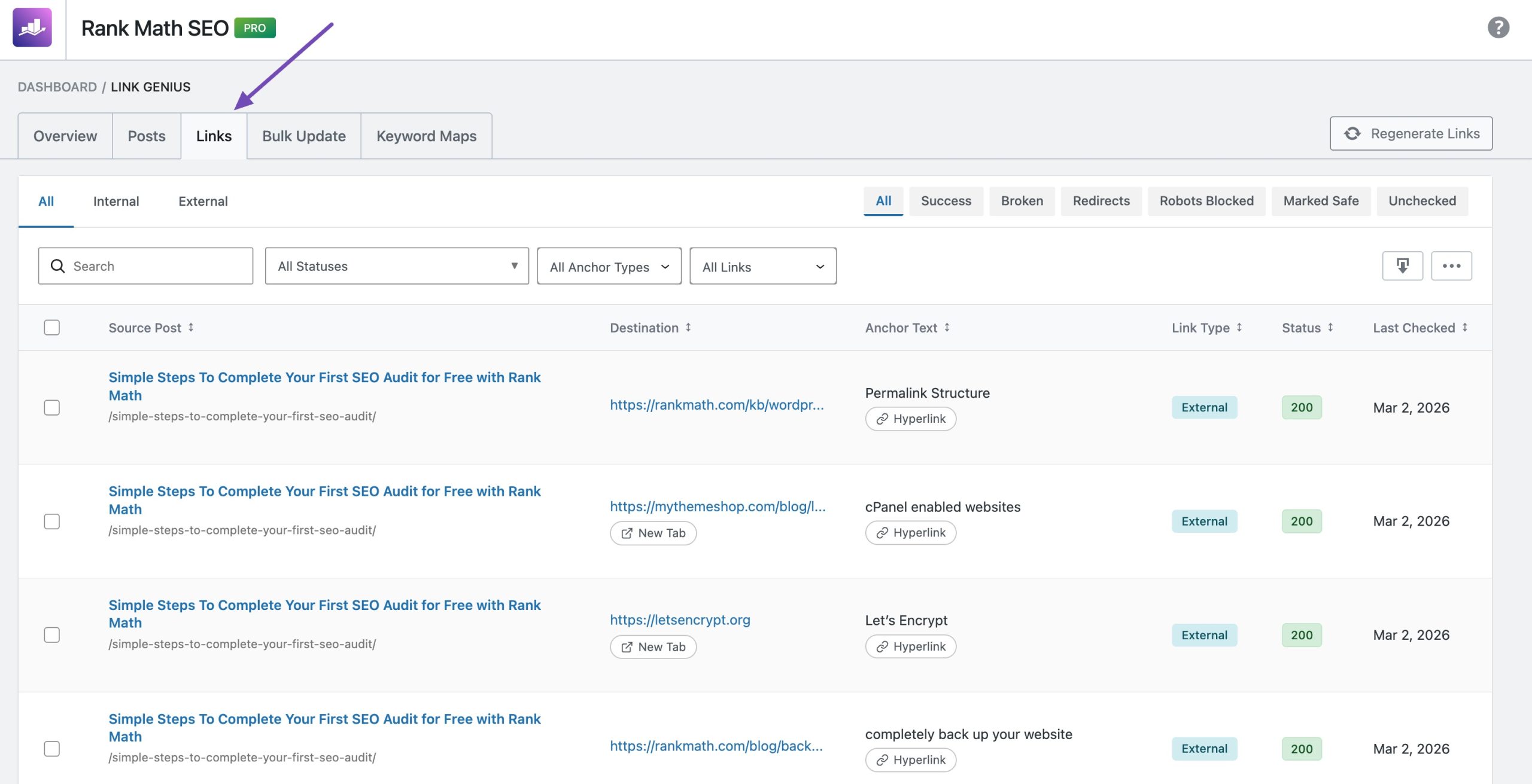 Links tab in AI Link Genius