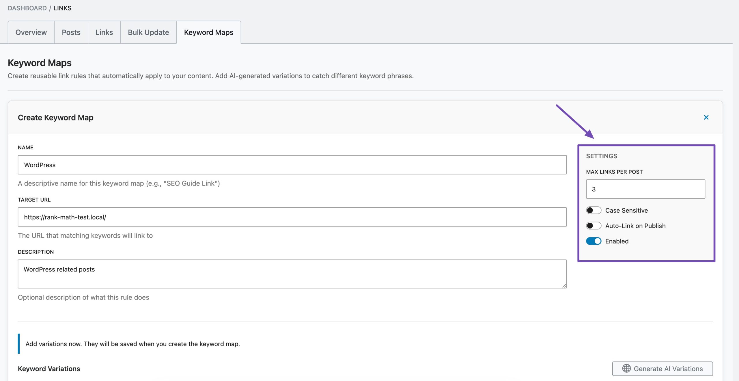 Settings in Keyword Maps