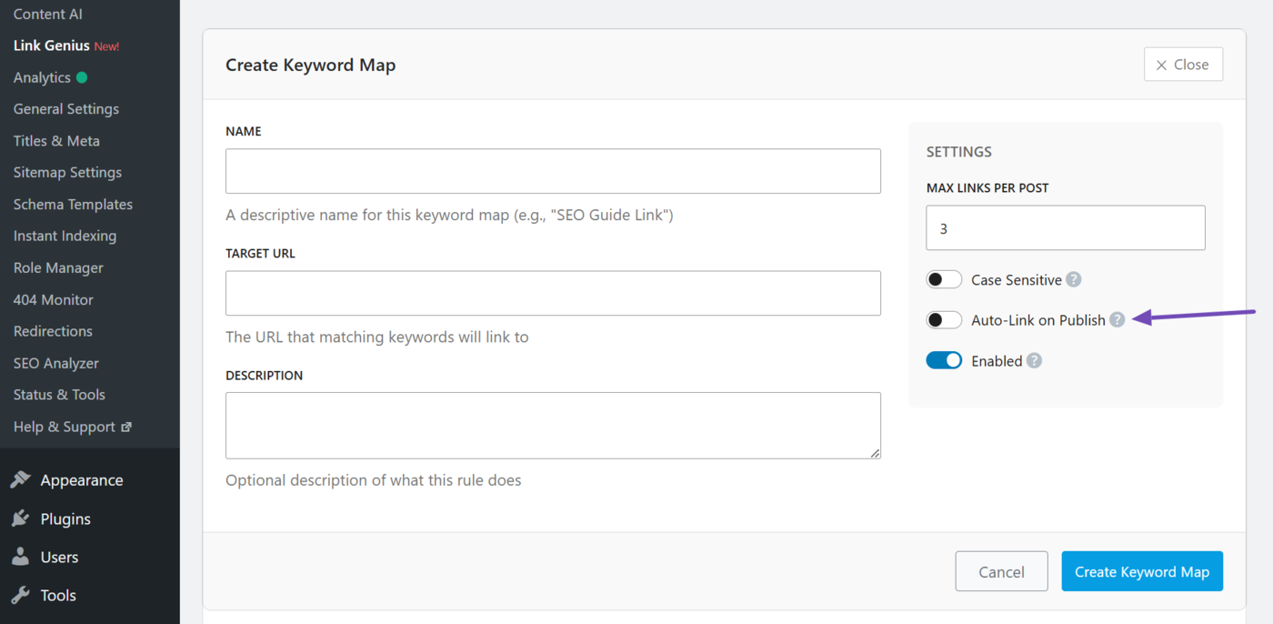 Auto-link on publish setting in Keyword Maps