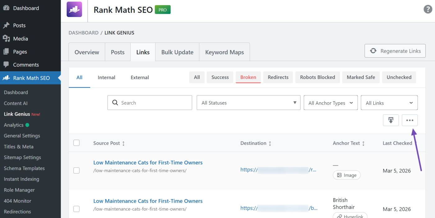 Broken links column visibility toggle