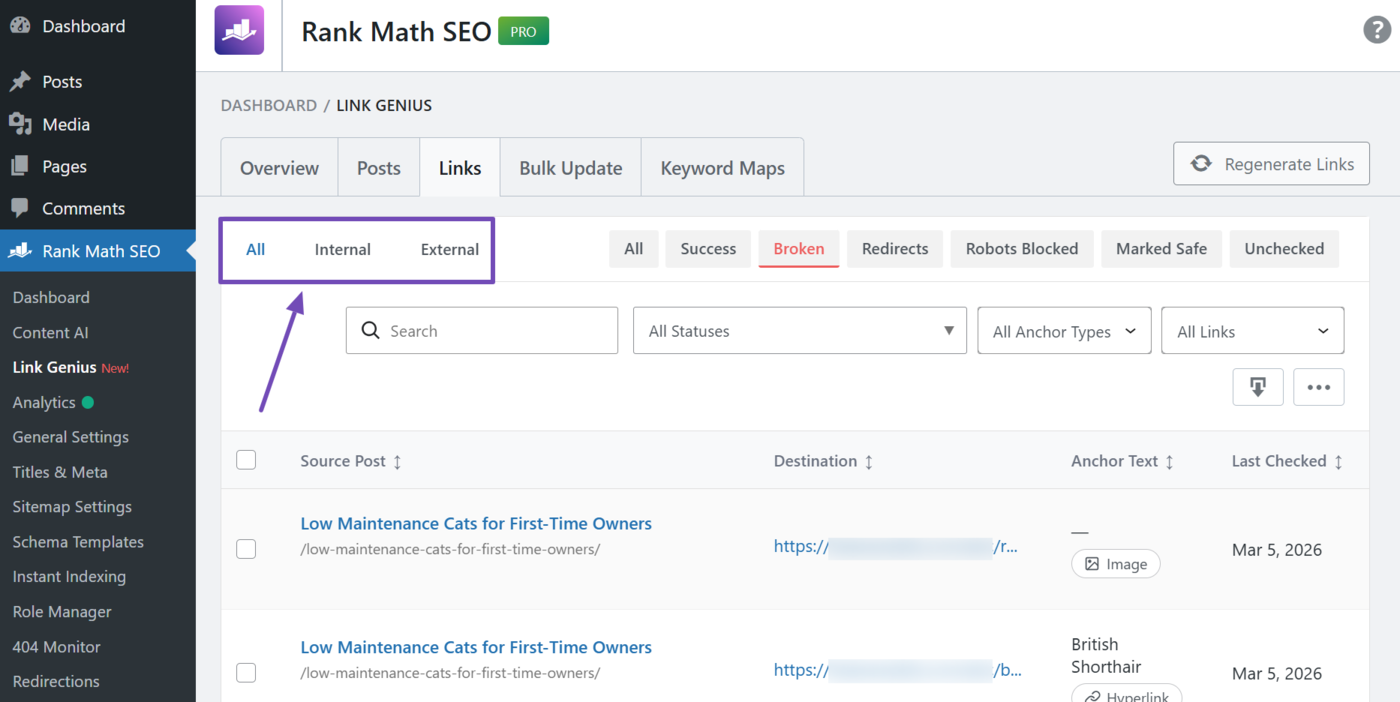 Broken links link type filter