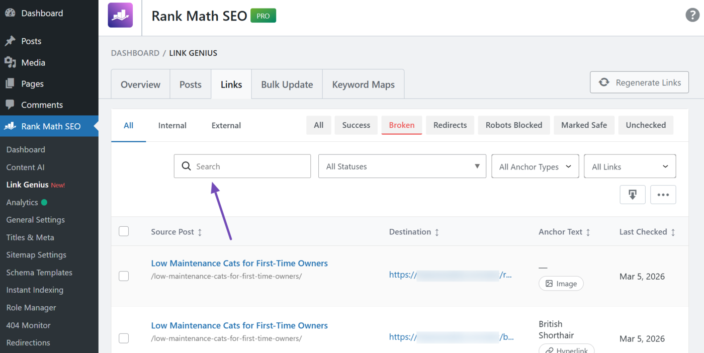 Broken links search bar