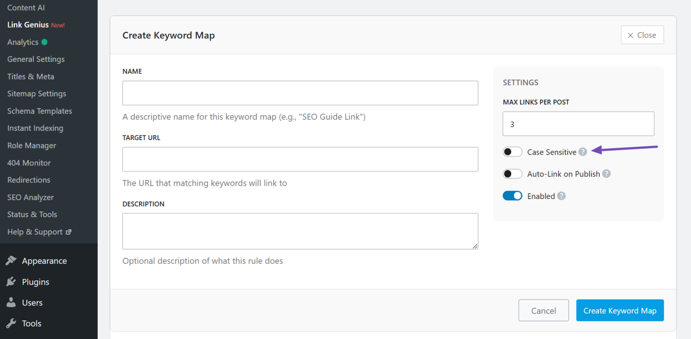 Case sensitive setting in Keyword Maps