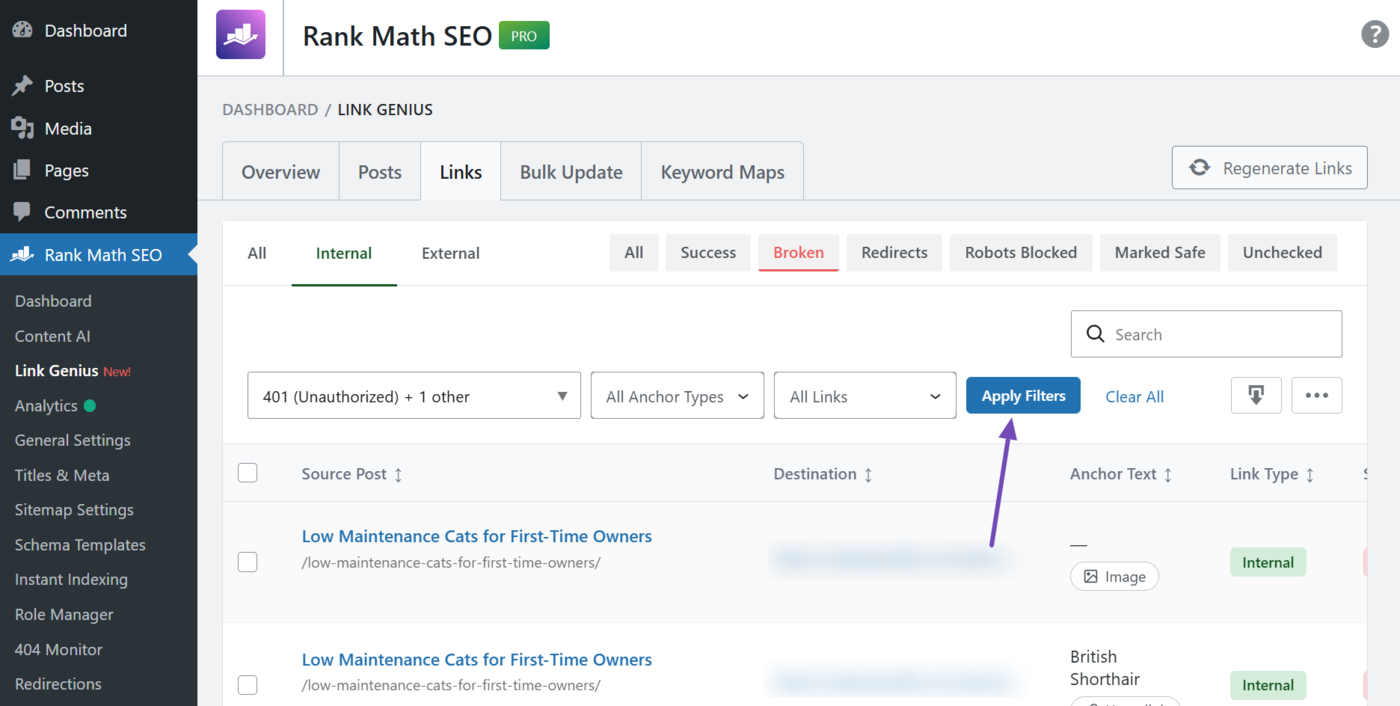 Click Apply filters after selecting your status codes