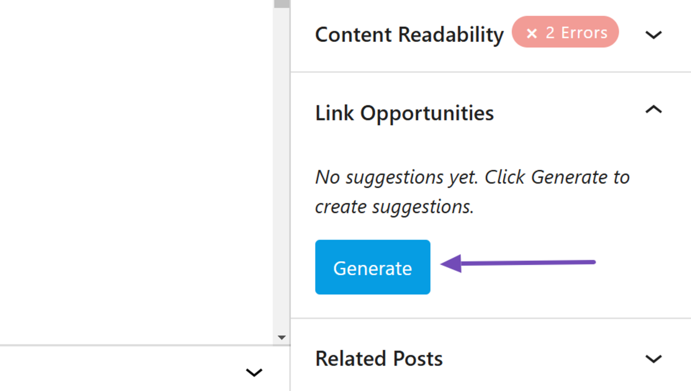 Click Generate in the link opportunities panel
