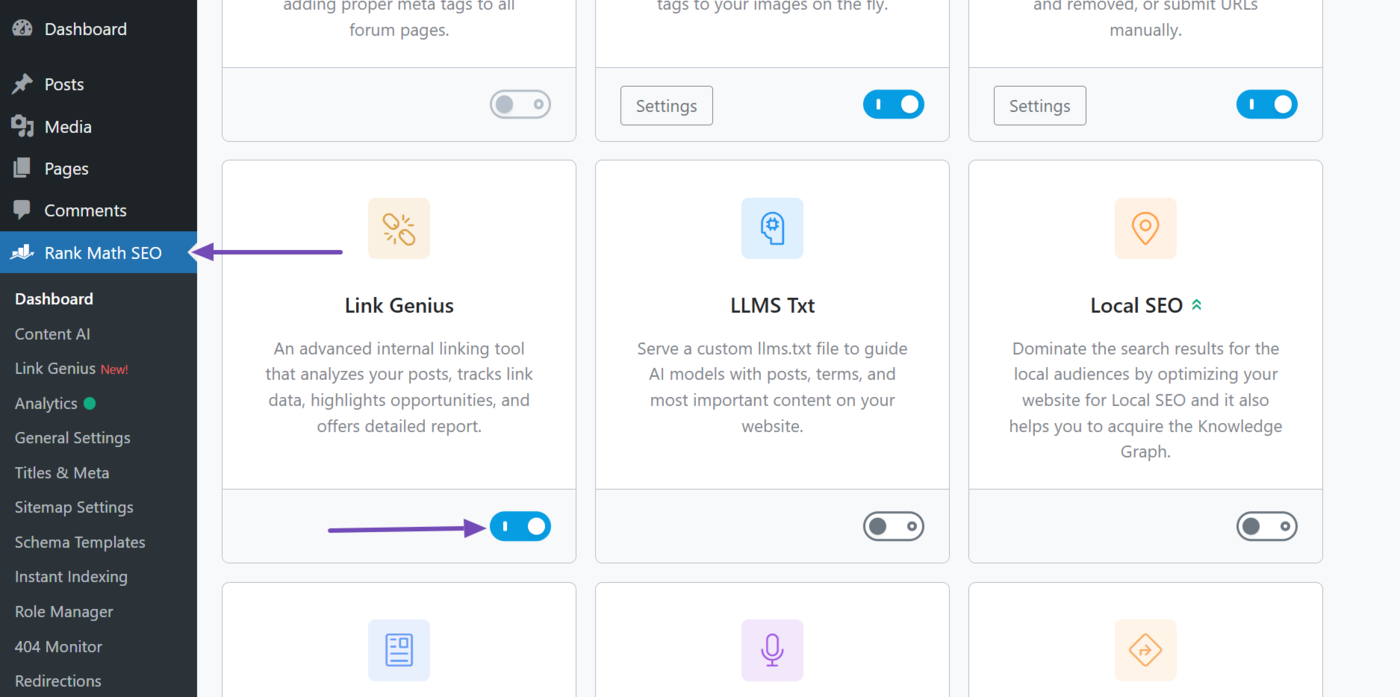 Click Rank Math SEO and enable the AI Link Genius module