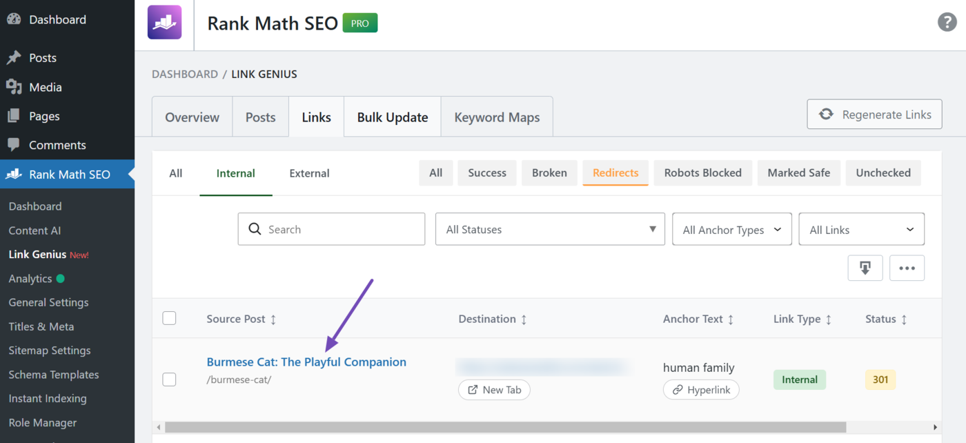 Click on the post title to resolve the redirect