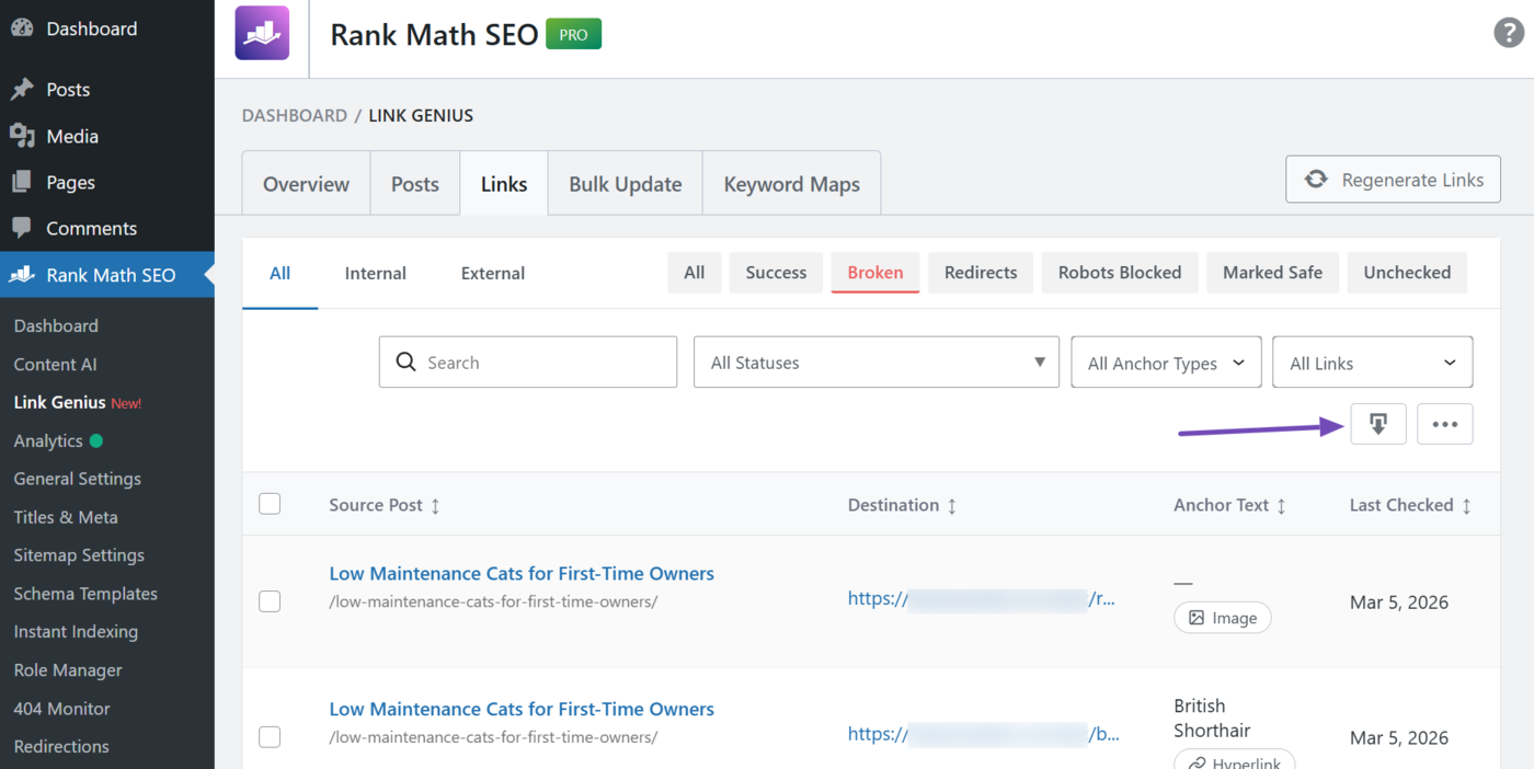 Click the Export table data button