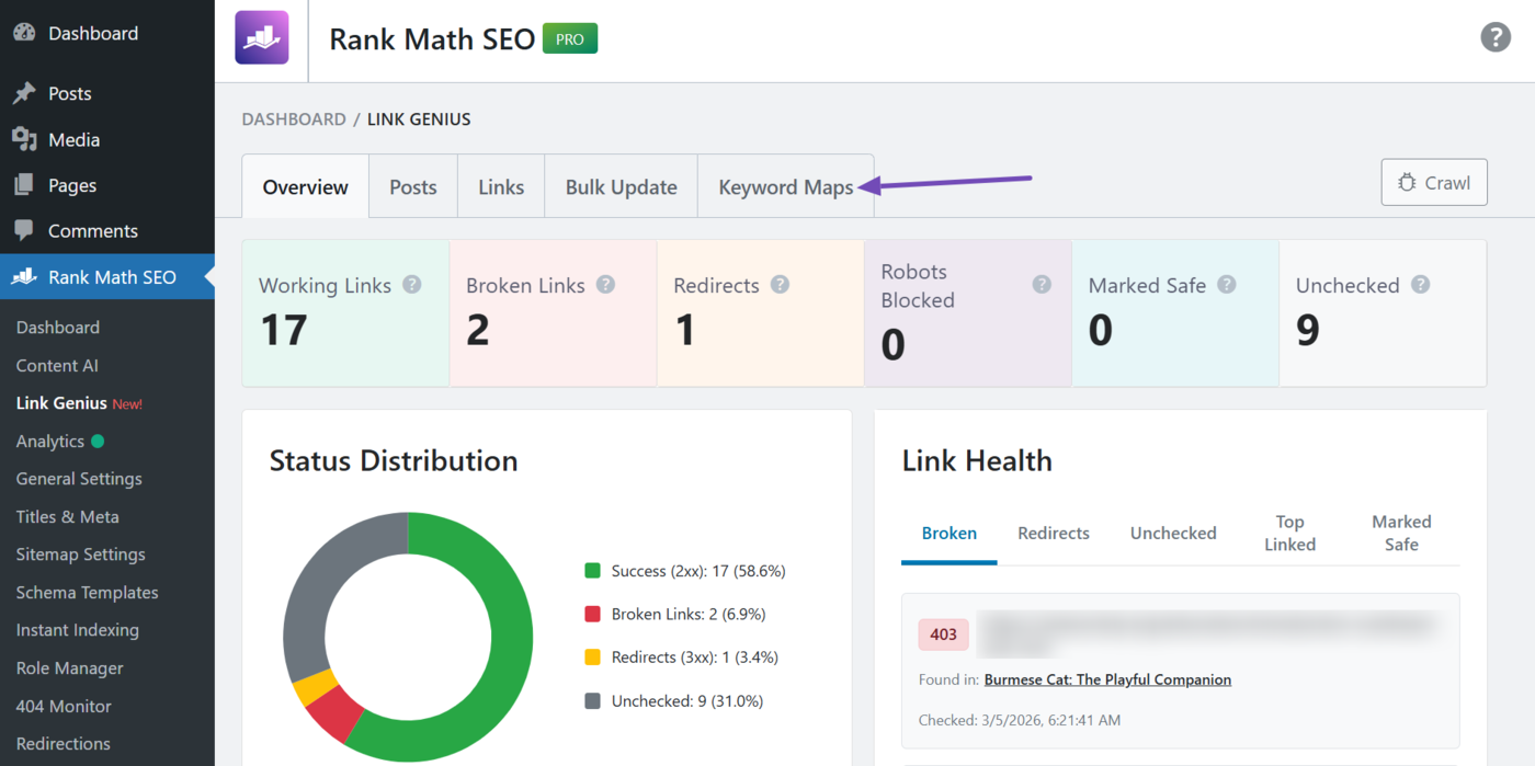 Click the Keyword Maps tab in Link Genius