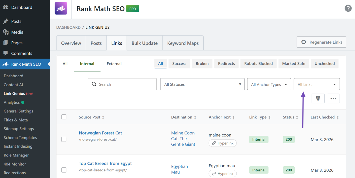 Click the nofollow status filter and select With nofollow