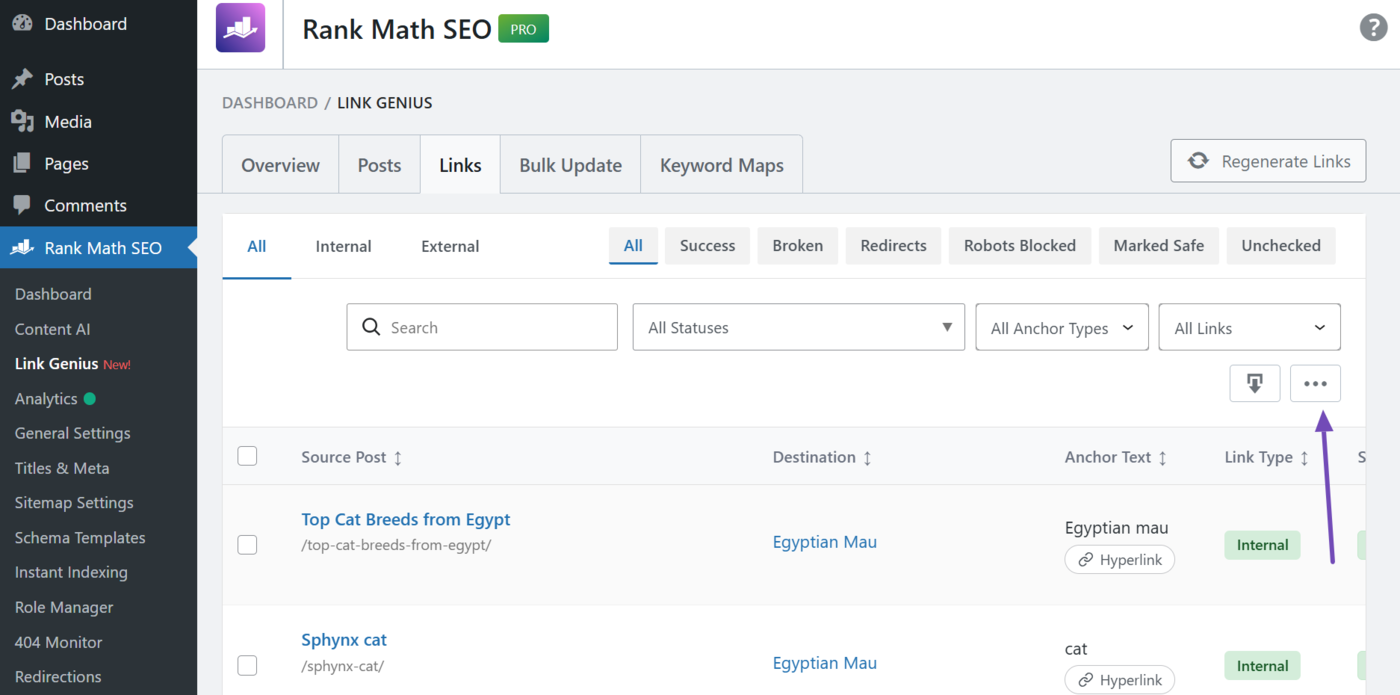 Column visibility toggle in the links tab