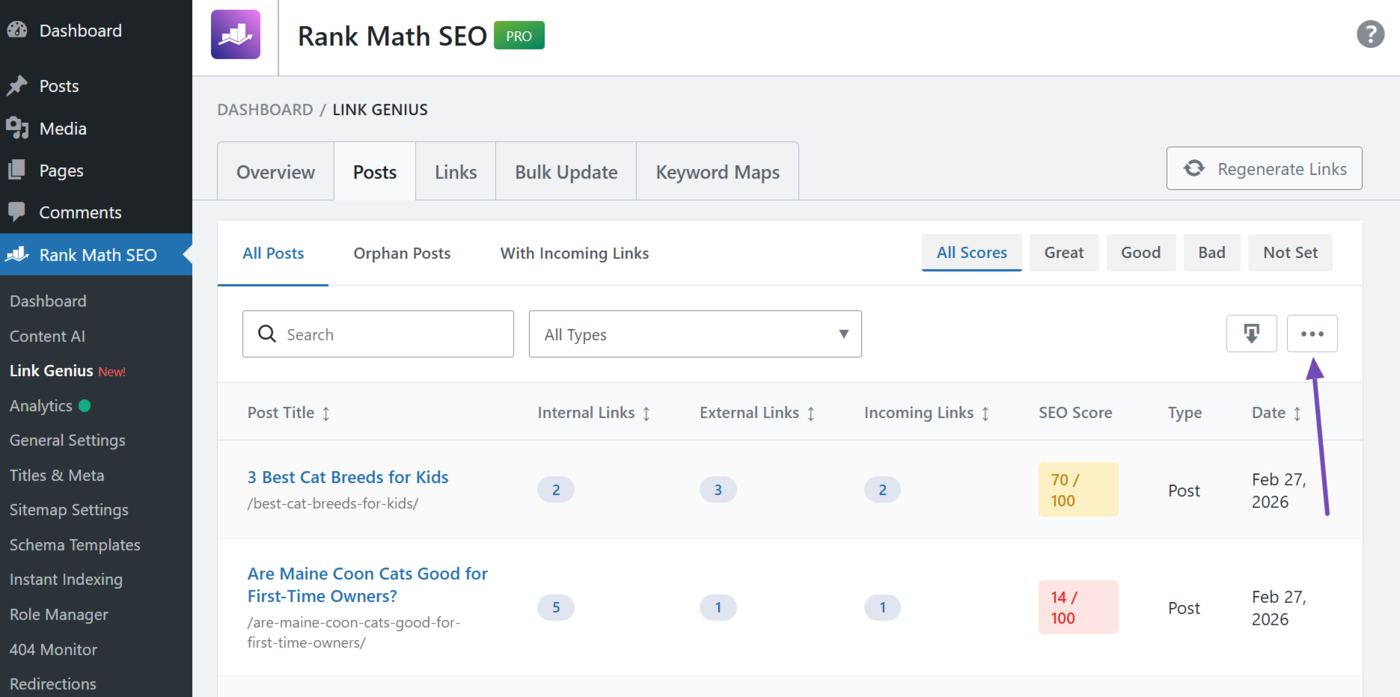 Column visibility toggle in the posts tab