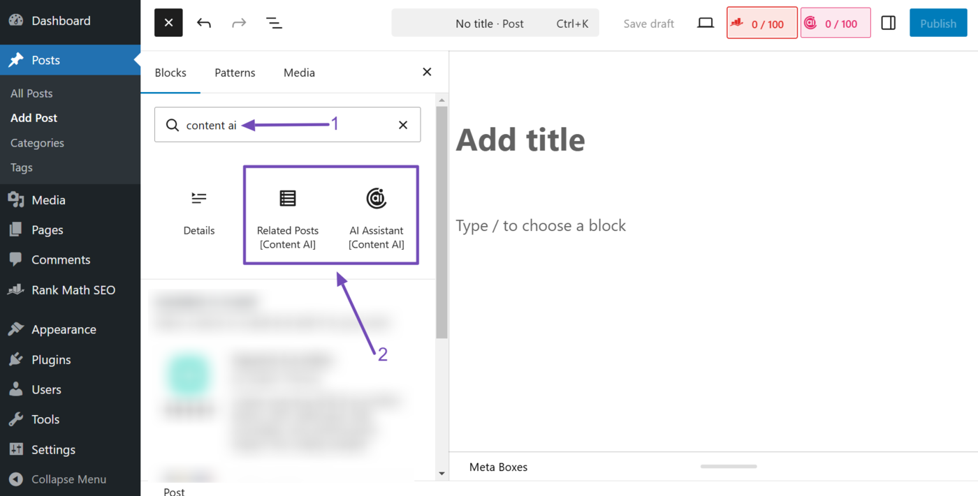 Content AI (Related posts and AI assistant) blocks in the Block library
