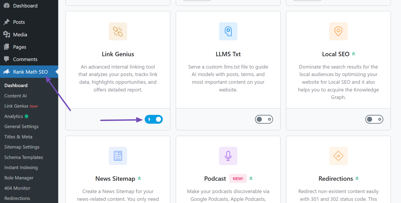 Enable the Link Genius module in Rank Math SEO
