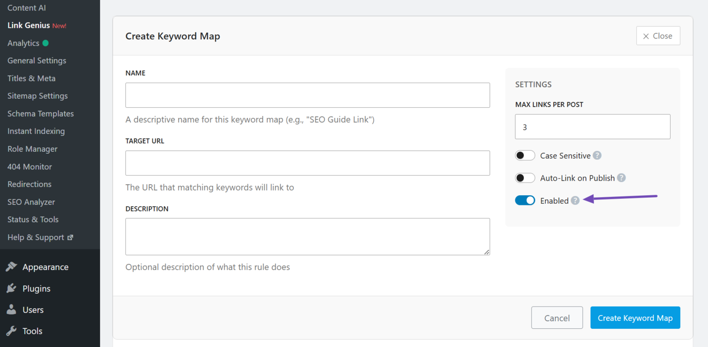 Enabled setting in Keyword maps