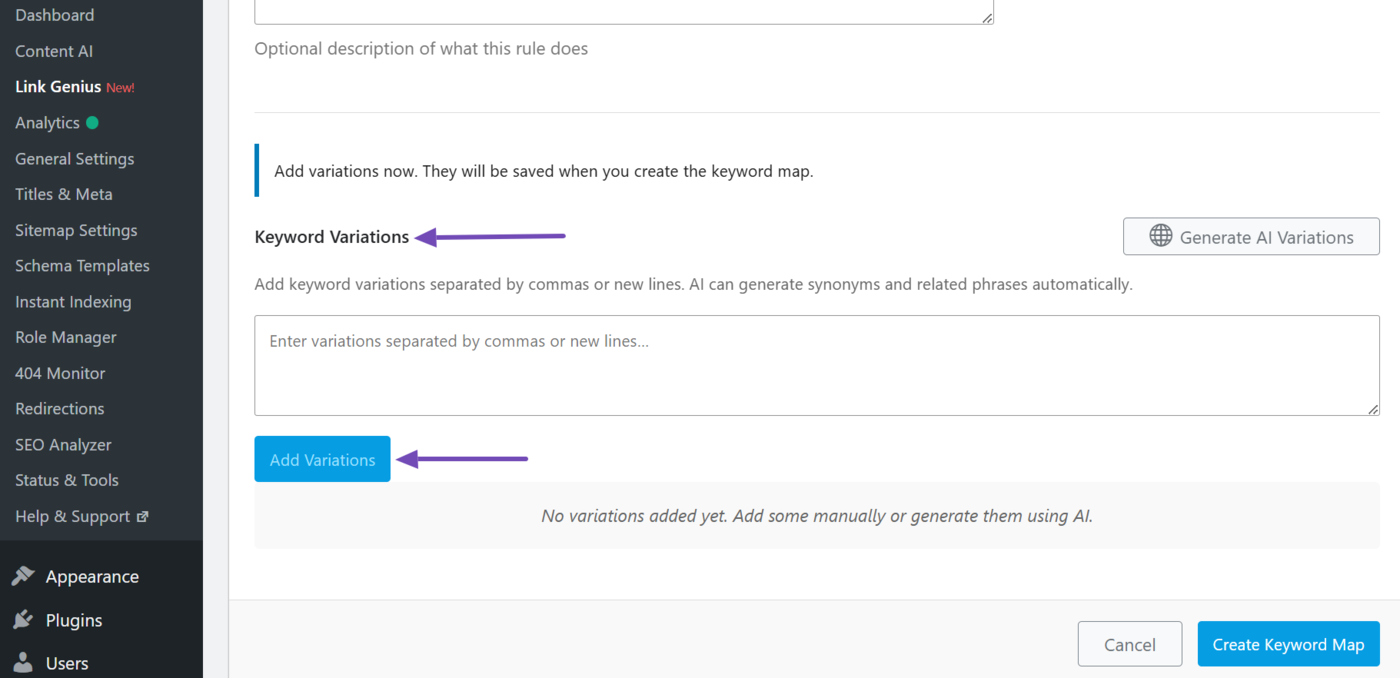 Enter a keyword variation and click Add variations