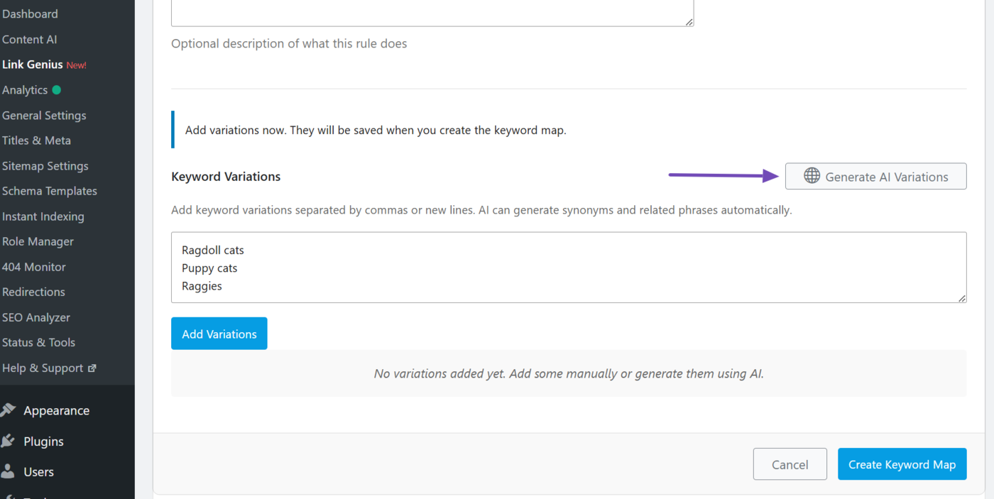 Generate AI variations in keyword maps