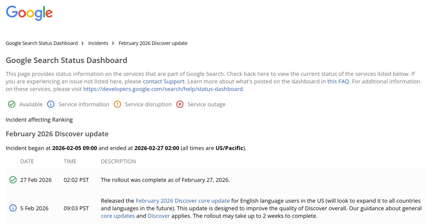 Google Search Status dashboard of the February 2026 Discover Core Update